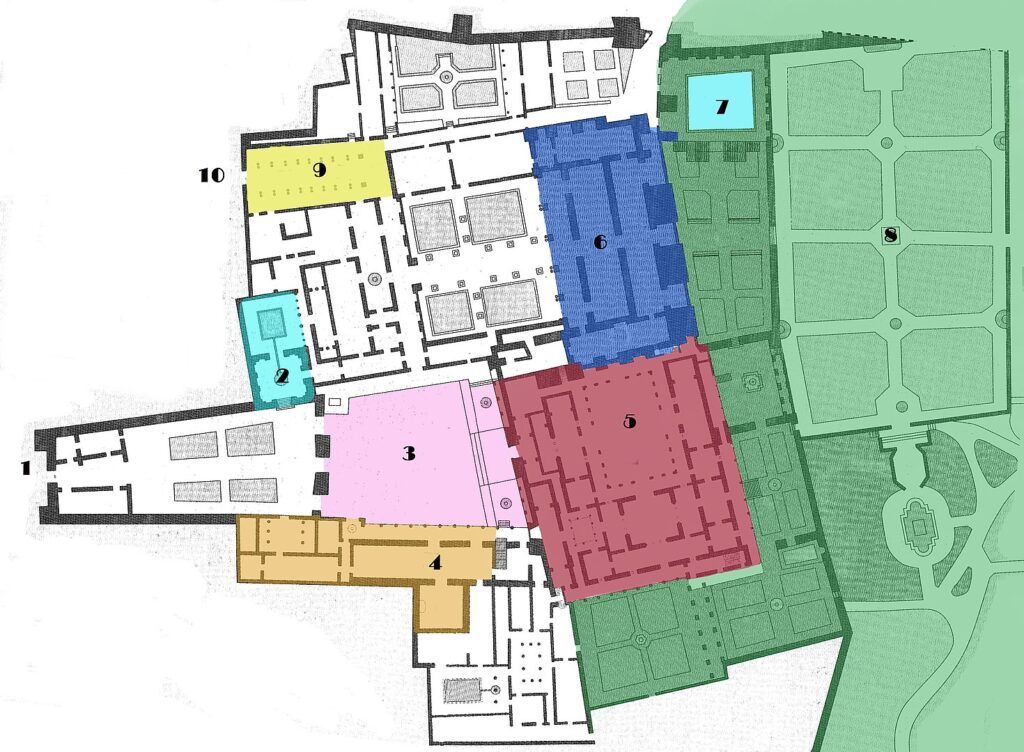 Mappa dell'Alcazar di Siviglia e relative sezioni comprensiva dei giardini reali