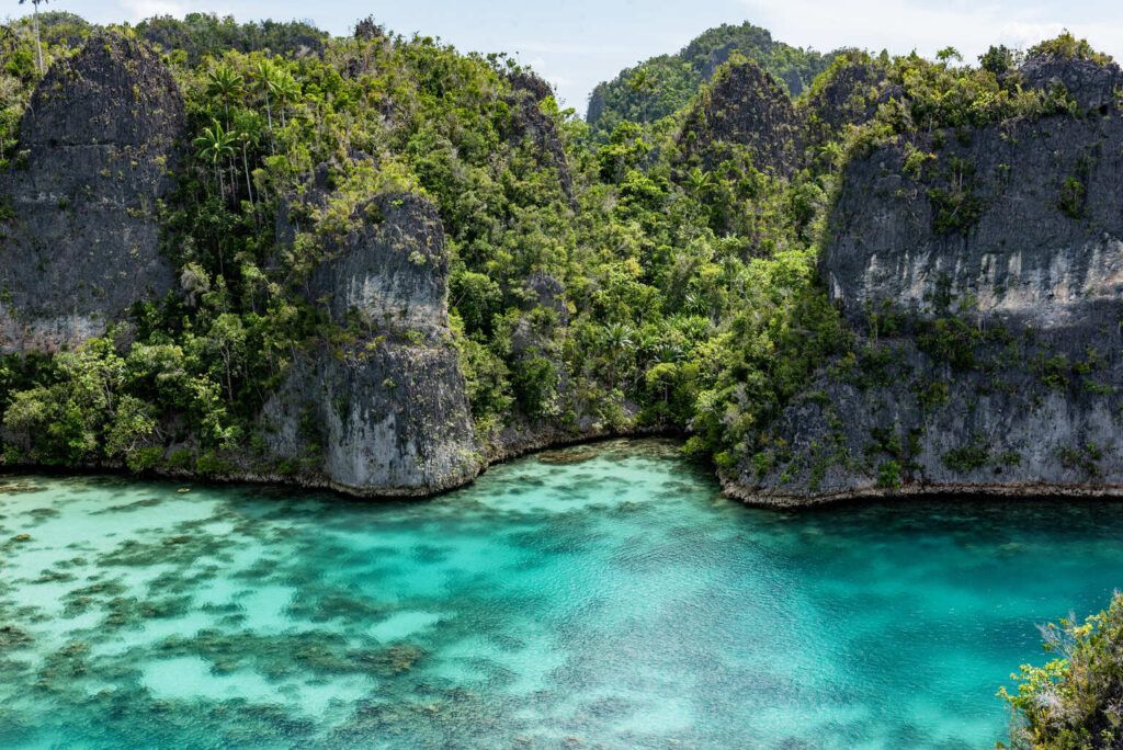 Laguna turchese circondata da alte scogliere e vegetazione lussureggiante nell’arcipelago indonesiano di Raja Ampat