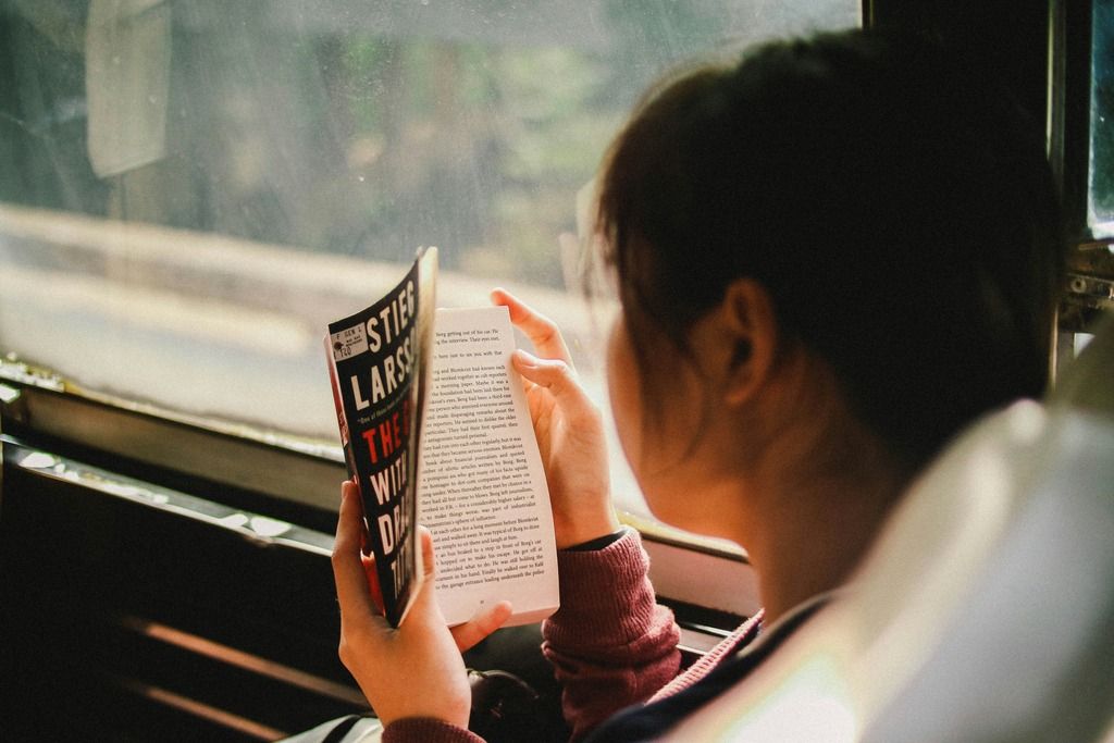 Ragazza che legge un libro al finestrino di un treno