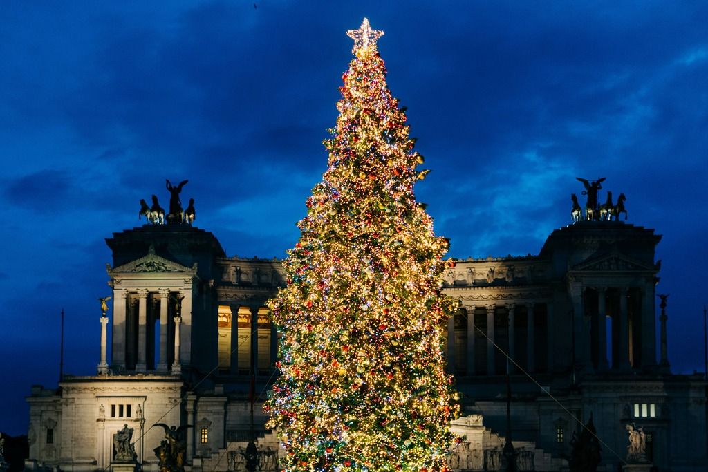 Roma si illumina con le luci del Natale: un albero di Natale spicca di fronte all'Altare della Patria.