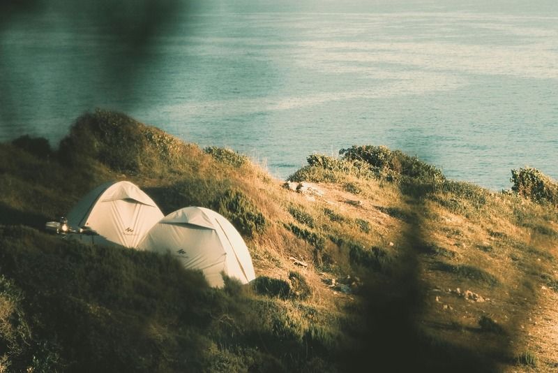 Due tende bianche da campeggio su una scogliera erbosa con vista sul mare calmo, inquadrate tra rami sfocati in primo piano