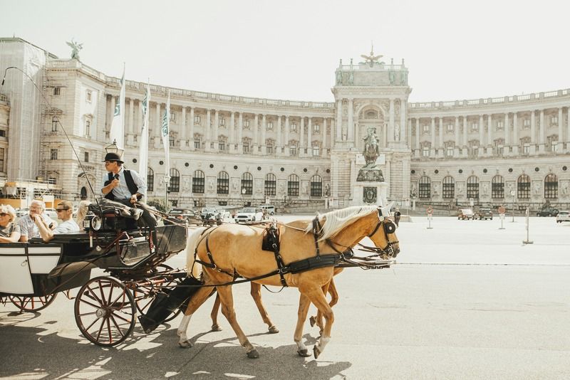Carrozza Fiaker trainata da cavalli davanti al Palazzo di Hofburg a Vienna in una giornata di sole