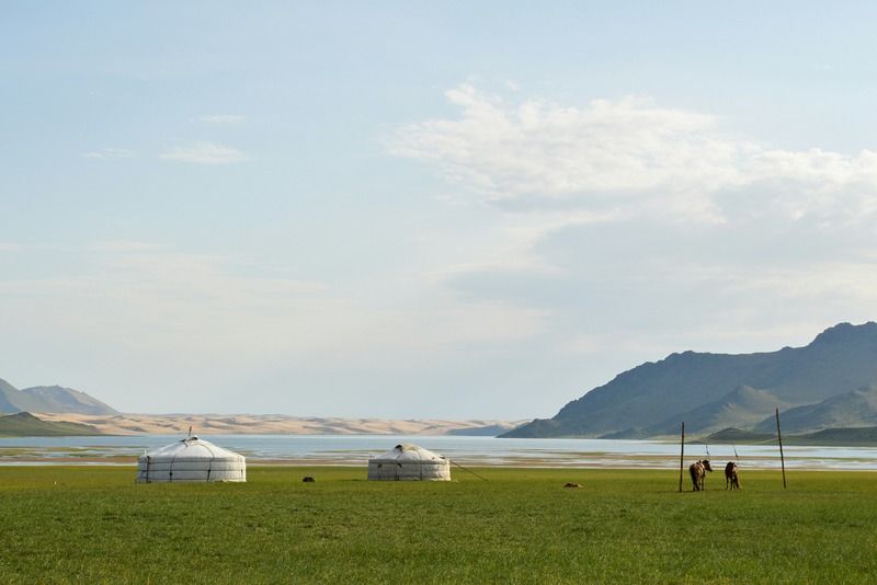 Due ger tradizionali mongoli su un prato verde accanto a un lago tranquillo, con cavalli al pascolo, dune di sabbia e montagne sullo sfondo in Mongolia