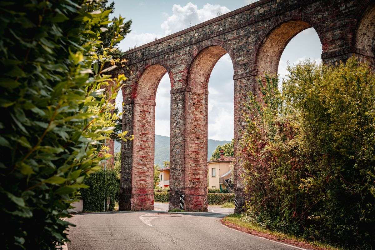 Acquedotto in mattoni con grandi arcate lungo una strada tra alberi e case