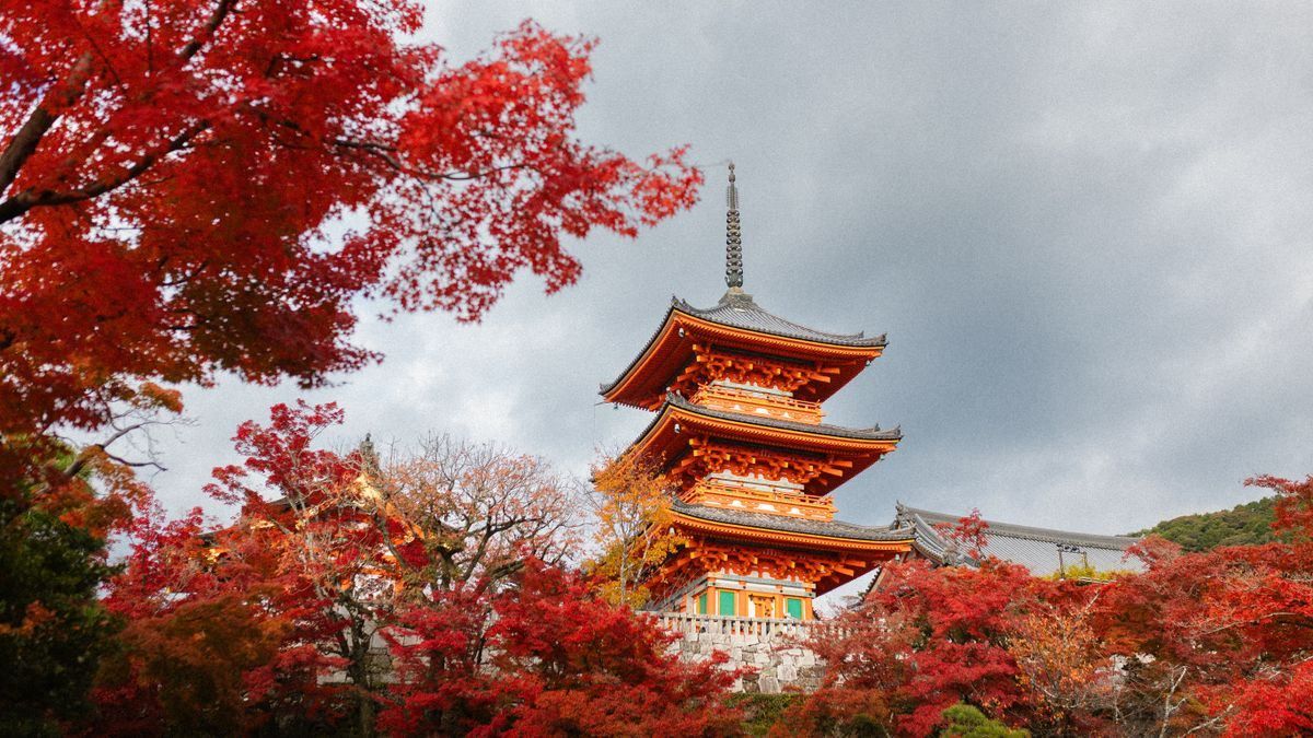 Pagoda del Kiyomizu-dera tra alberi rossi d’autunno sotto un cielo nuvoloso