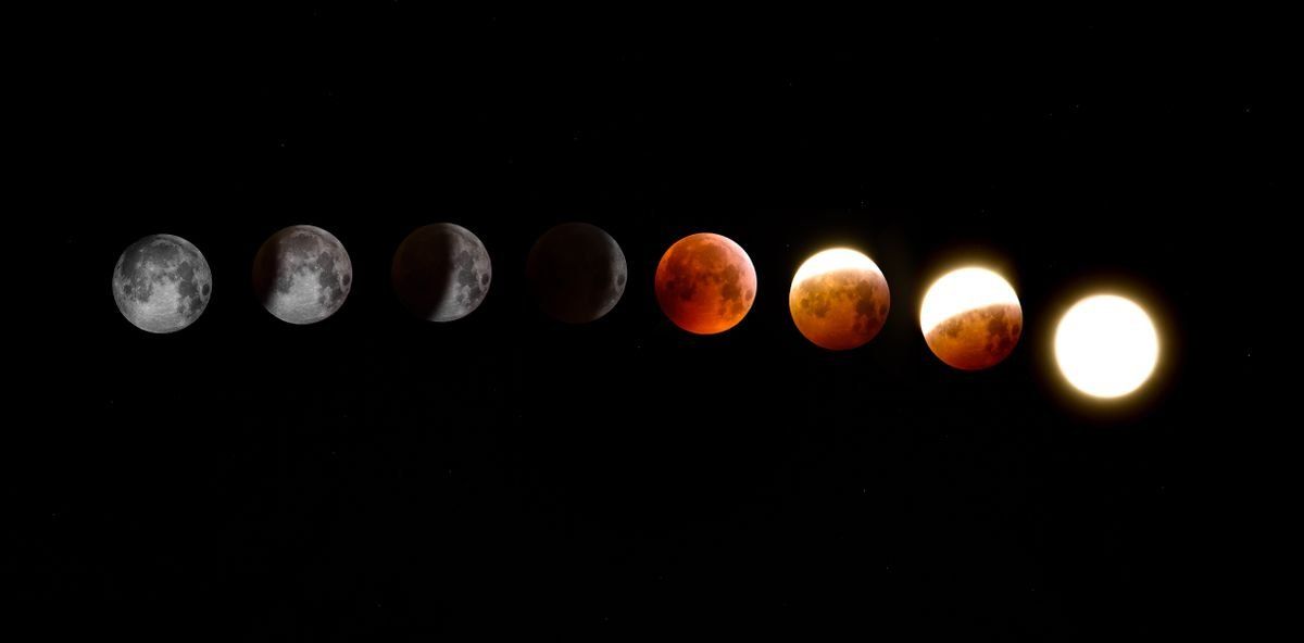 sequenza delle fasi di un’eclissi lunare su sfondo nero