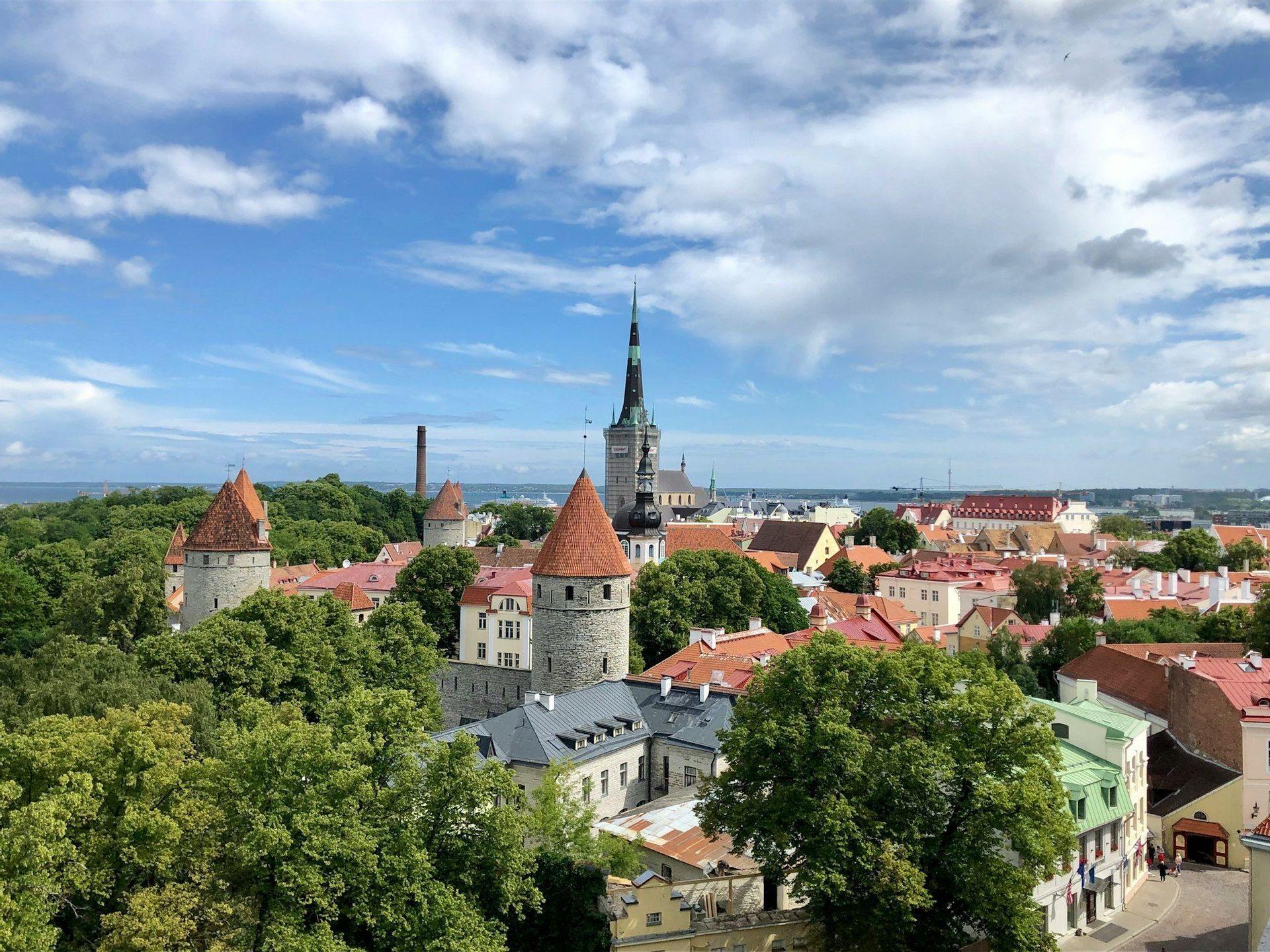 Una vista dall'alto di una città storica europea con torri in pietra, edifici dai tetti rossi e alberi verdi rigogliosi sotto un cielo parzialmente nuvoloso.