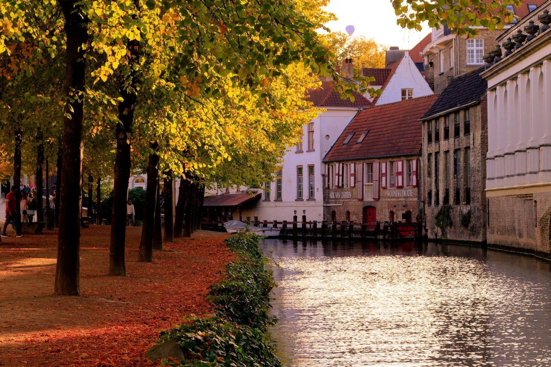 Un canal urbain en automne, bordé d'arbres aux feuilles dorées et de bâtiments historiques. La lumière du soleil se reflète sur la surface de l'eau.