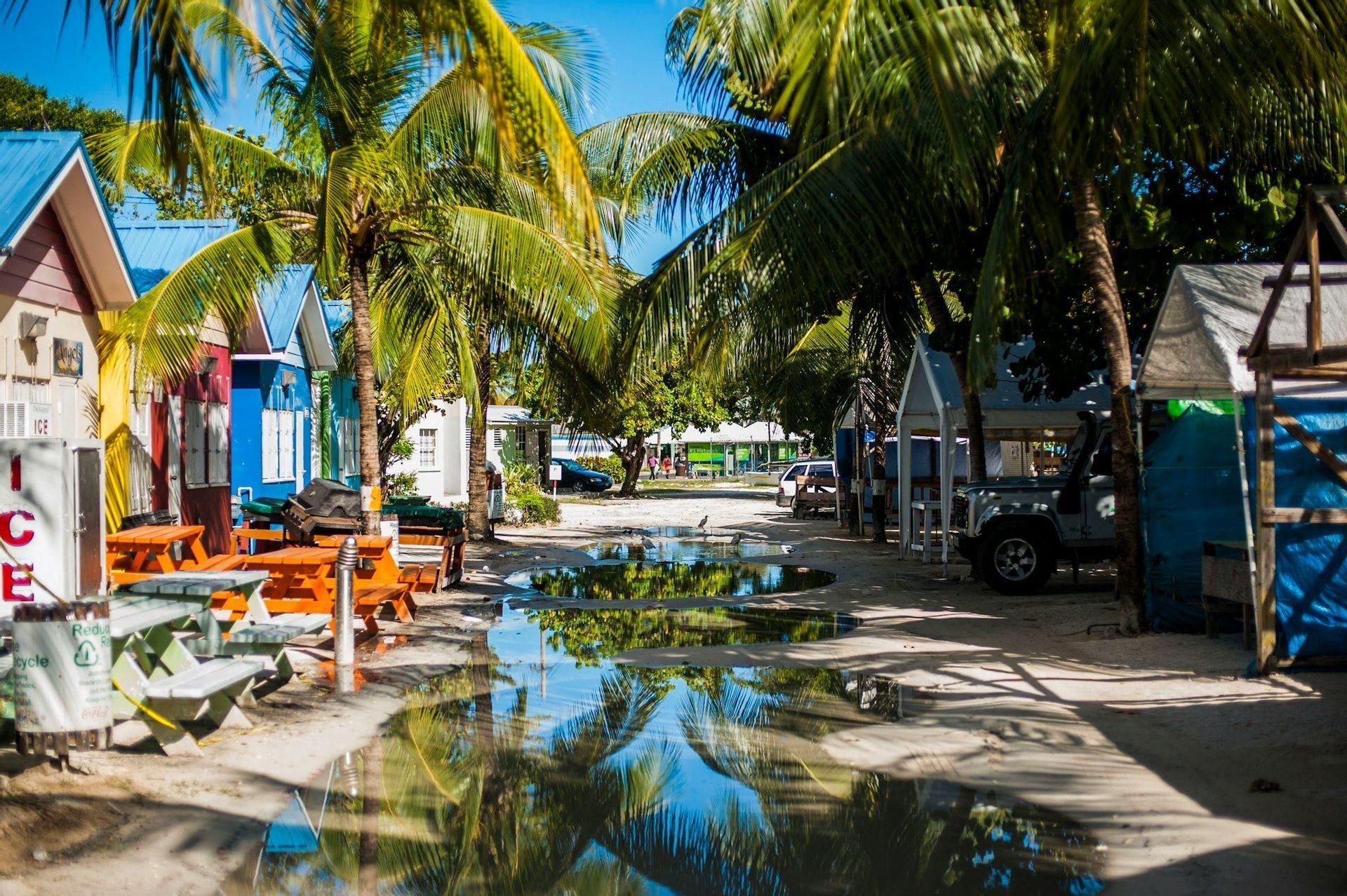 Une rue sablonneuse bordée de bâtiments en bois colorés et de palmiers, avec des flaques d'eau reflétant le ciel bleu clair.