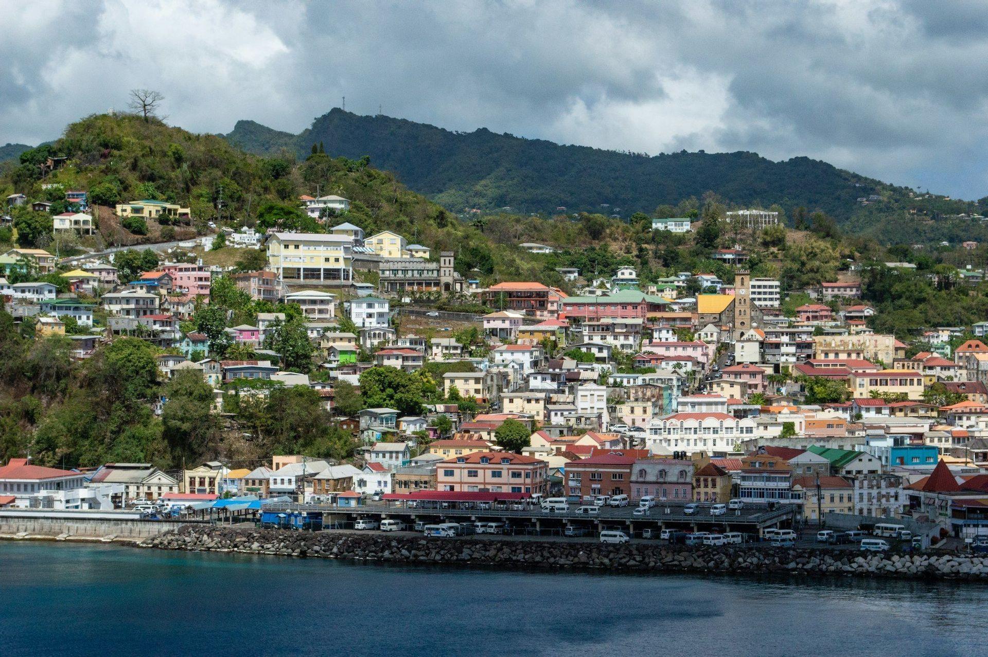 A colorful town built on a lush green hillside that slopes down to a rocky shoreline and the blue sea.