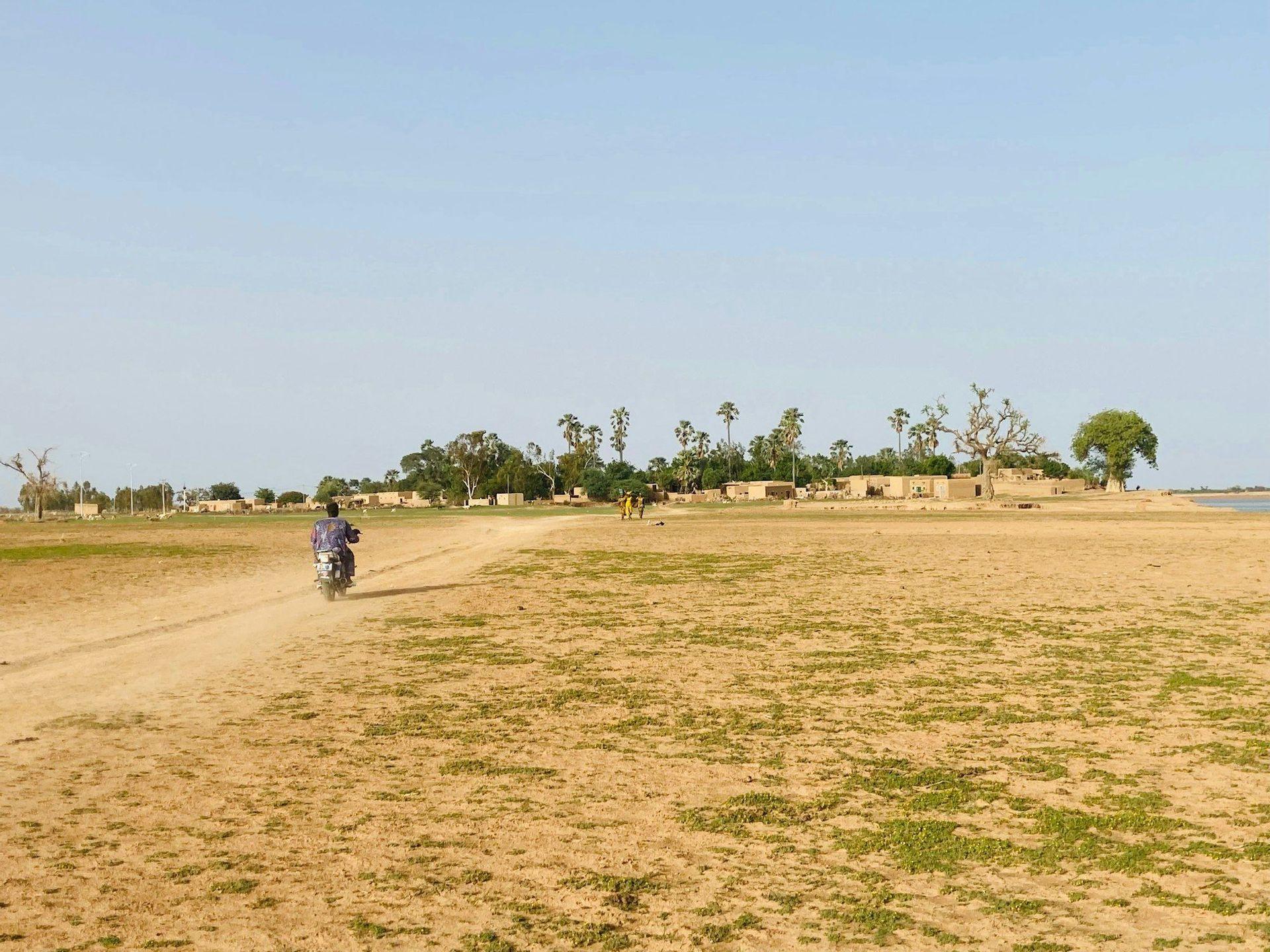A person rides a motorcycle on a dirt path across a dry, grassy field toward a village with palm trees.