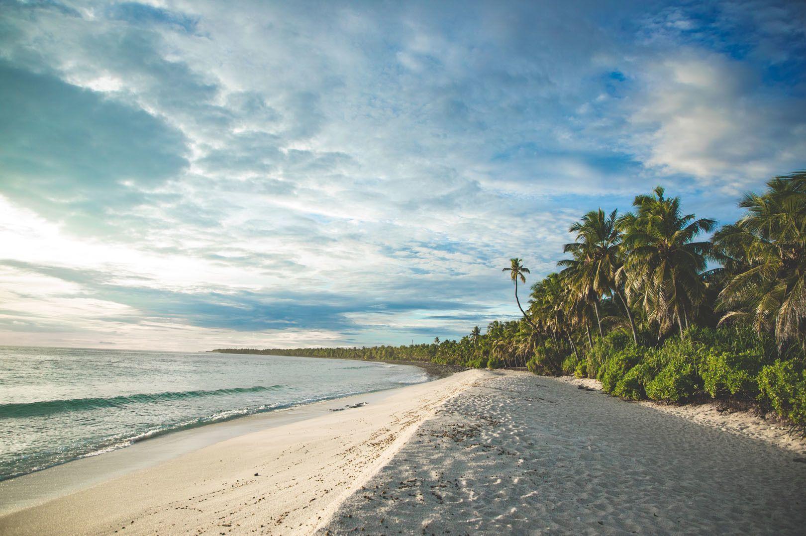 A wide, empty white sand beach curves along the ocean, lined with palm trees and green foliage under a cloudy blue sky.