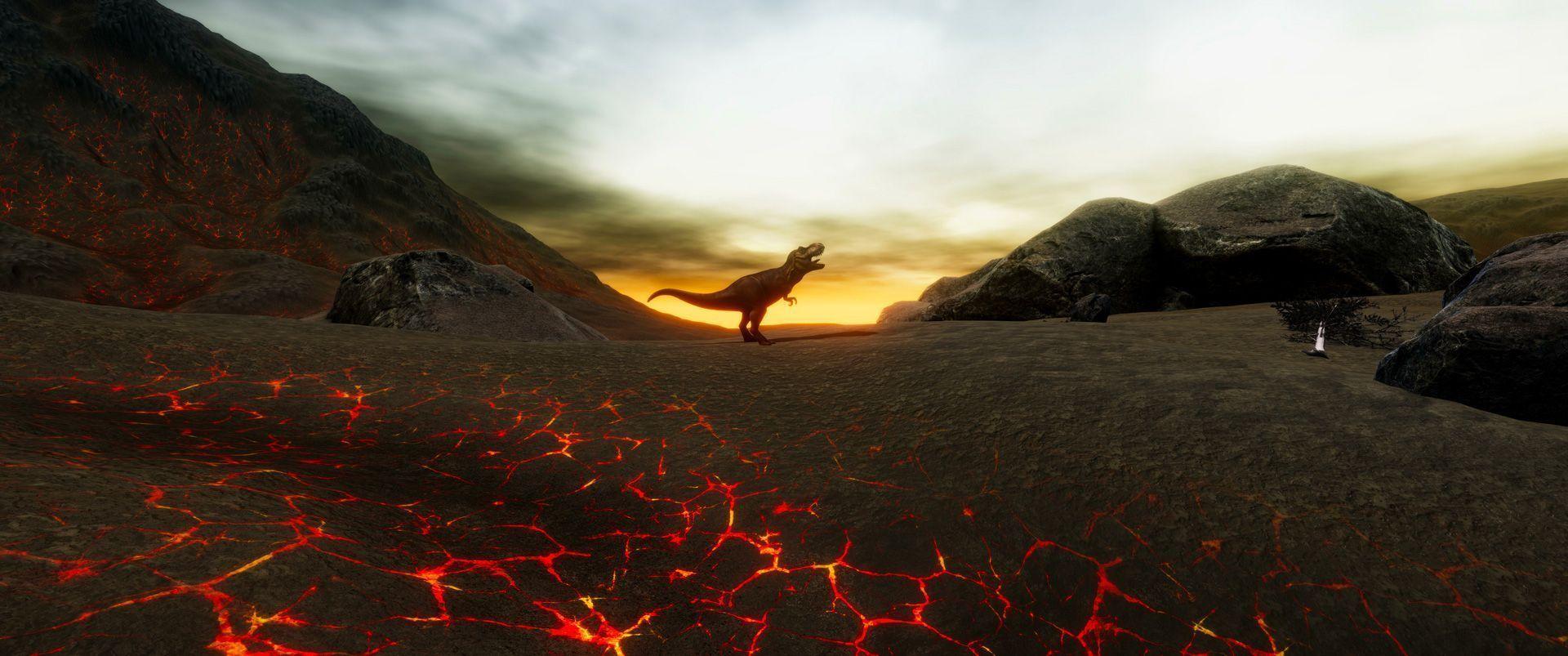 Un Tyrannosaurus Rex se alza sobre tierra agrietada con lava brillante en las fisuras bajo un cielo dramático al atardecer.