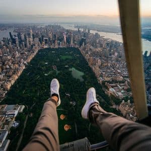 Gambe di una persona in sneakers bianche penzolano da un elicottero, offrendo una vista dall'alto di un vasto paesaggio urbano con un grande parco verde.