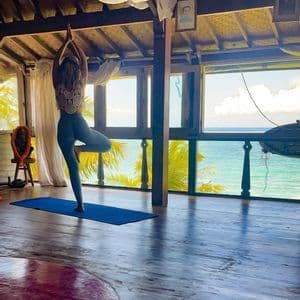 Una donna in posizione dell'albero su un tappetino yoga blu all'interno di uno studio in legno con ampie finestre che si affacciano sull'oceano e sulle palme.