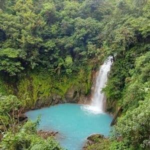 Una cascata scende in una pozza azzurra brillante, circondata dalla folta vegetazione verde di una giungla densa.