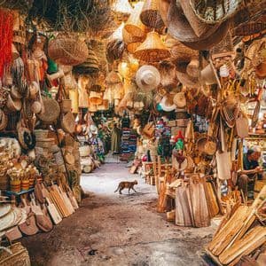 Un gato camina por el pasillo de un estrecho puesto de mercado abarrotado de cestas tejidas, sombreros de paja y artesanías de madera.
