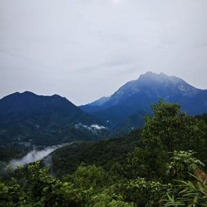 Una vista su una lussureggiante valle della giungla rivela una grande montagna in lontananza sotto un cielo velato con il sole visibile.
