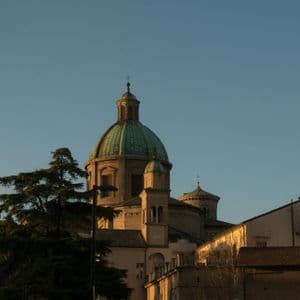 Una grande cattedrale con una cupola verde è illuminata dalla luce del tramonto contro un cielo azzurro limpido, con un albero alto in primo piano.