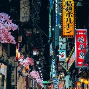 Una stretta strada cittadina di notte, illuminata da luminose insegne al neon giapponesi, con persone che camminano sotto e fiori di ciliegio rosa in alto.