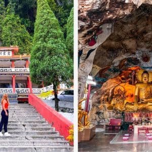 Ein Diptychon, das eine Frau auf den Stufen eines Höhlentempels und das Innere mit einer großen, goldenen Buddha-Statue zeigt.