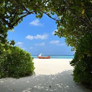 Ein traditionelles Holzboot mit Segel liegt an einem weißen Sandstrand, umrahmt von grünem Laub, mit türkisfarbenem Wasser im Hintergrund.