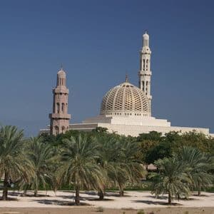 Una grande moschea con una cupola dorata a griglia e alti minareti si erge dietro un palmeto sotto un cielo azzurro limpido.