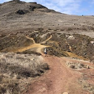 Una persona si trova a un bivio su un sentiero sterrato che si snoda attraverso un paesaggio roccioso e collinare sotto un cielo azzurro con nuvole sparse.