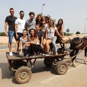 Un voyage de groupe WeRoad posant pour une photo sur une charrette rustique tirée par des chevaux, garée sur le côté d'une route pavée.
