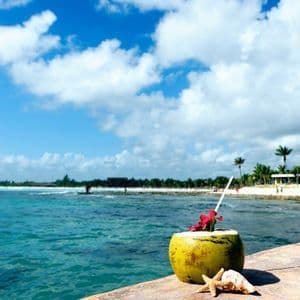 Una bevanda al cocco con cannuccia e fiore su un pontile di legno, accanto a una stella marina, con vista sul mare turchese e una spiaggia.