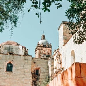 Vista dal basso di una chiesa in pietra con cupole e una torre, incorniciata da foglie verdi su uno sfondo di cielo azzurro limpido.