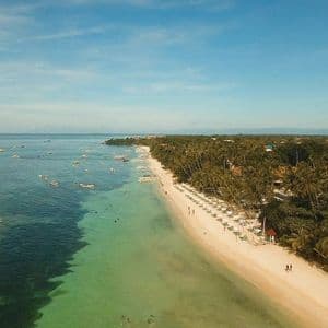 Vue aérienne d'une côte tropicale avec une plage de sable blanc, de denses palmiers et de nombreux bateaux à balancier blancs sur l'eau.