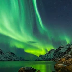 L'Aurora Boreale risplende verde in un cielo stellato sopra un fiordo circondato da montagne innevate.