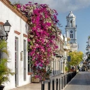 A sunlit cobblestone street lined with white buildings, with pink bougainvillea on a wall and a clock tower in the distance.