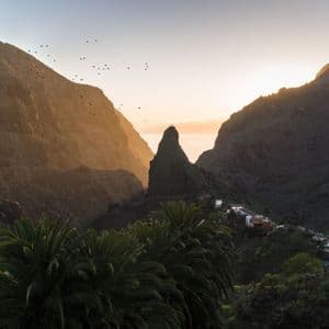 Una valle di montagna al tramonto con una persona su una cima rocciosa, un piccolo villaggio sottostante e fronde di palma in primo piano.