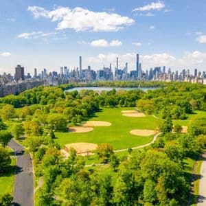 Una veduta aerea di un grande parco urbano con alberi verdi e campi da baseball, con un denso skyline cittadino e un bacino idrico sullo sfondo.