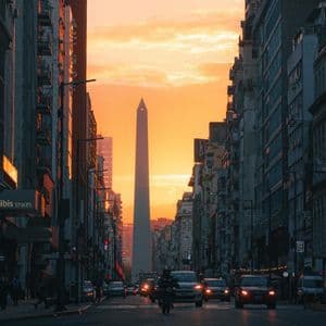 Un alto obelisco bianco alla fine di una strada cittadina con traffico, incorniciato da edifici contro un vivace tramonto arancione.