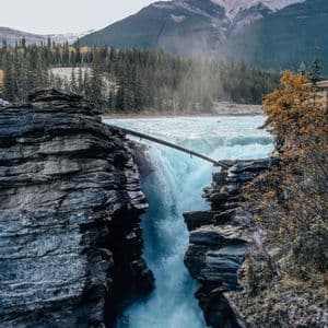 Une cascade turquoise se jette dans un étroit canyon rocheux, avec un tronc d'arbre tombé reposant au-dessus, et des montagnes boisées en arrière-plan.