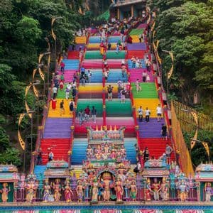 Eine Menschenmenge steigt eine steile, regenbogenfarbene Treppe zu einem Tempel an einem üppigen, grünen Berghang empor.