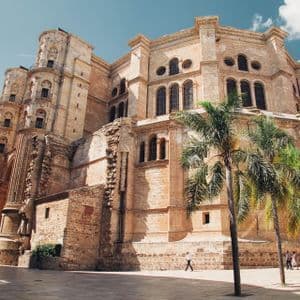 A low-angle shot of a large, ornate stone cathedral with towers next to a public square with palm trees.