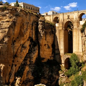 A multi-arched stone bridge connects two sheer, rocky cliffs with buildings on top under a blue sky.