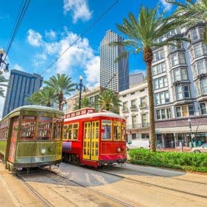 Deux tramways, un rouge et un vert, sur des rails le long d'une rue de ville bordée de palmiers et de bâtiments sous un ciel bleu.
