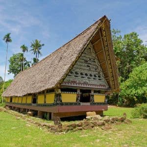 Una longhouse tradizionale con tetto di paglia e facciata dipinta si erge in una radura erbosa circondata da palme.