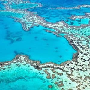 Una vista aérea de un gran sistema de arrecifes de coral con patrones intrincados, rodeado de agua oceánica turquesa y azul profundo.