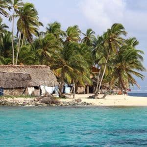 Une cabane rustique au toit de chaume se trouve sur une plage de sable bordée de palmiers, avec l'eau turquoise de l'océan au premier plan.