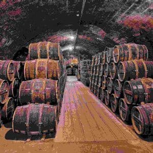 Filas de barriles de madera se apilan para añejar en una larga bodega de vinos con arcos de piedra y una pasarela de madera.