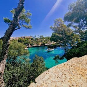 Un velero flota en una cala turquesa rodeada de pinos y acantilados, visto desde una alta cornisa de piedra en un día soleado.