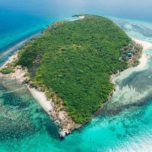 Vista aérea de una isla tropical cubierta de bosque verde, rodeada de agua turquesa y arrecifes de coral.
