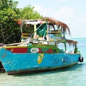 Un bateau coloré avec un toit de chaume et des graffitis est amarré dans des eaux turquoise claires et peu profondes, à côté d'un feuillage vert.