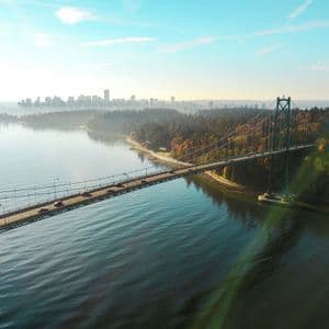 Vue aérienne d'un pont suspendu avec des voitures roulant sur l'eau, reliant un littoral boisé à l'horizon d'une ville lointaine.
